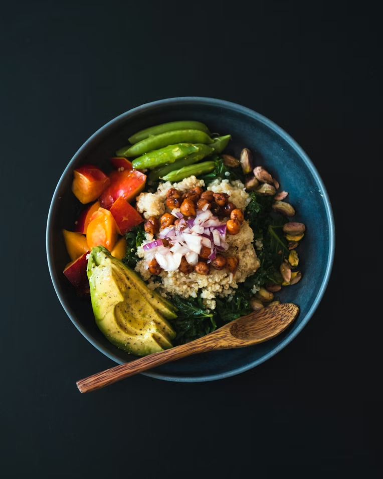Overhead view of a healthy plant-based grain bowl
